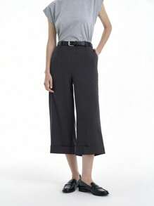 SHEIN Clasi 高档休闲卷边阔腿中长裤春夏 - 灰色 - 查看 1