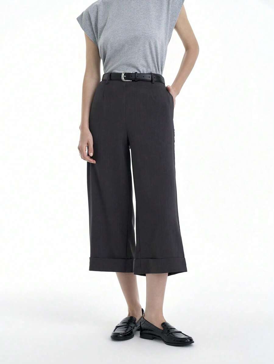 SHEIN Clasi 高档休闲卷边阔腿中长裤春夏 - 灰色 - 查看 1