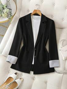 Regalyn Chaqueta de traje de mujer de manga larga con cuello de solapa, de tela tejida, con estampado de rayas y empalmes, ideal para primavera y verano. Es elegante y casual, cómoda de llevar y se adapta a cualquier silueta.