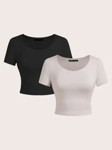 SHEIN BASICS 2pcs/Set Casual Solid Color Knit Round Neck Short Sleeve Fitted Cropped Women T-Shirt - Multicolor - View 1
