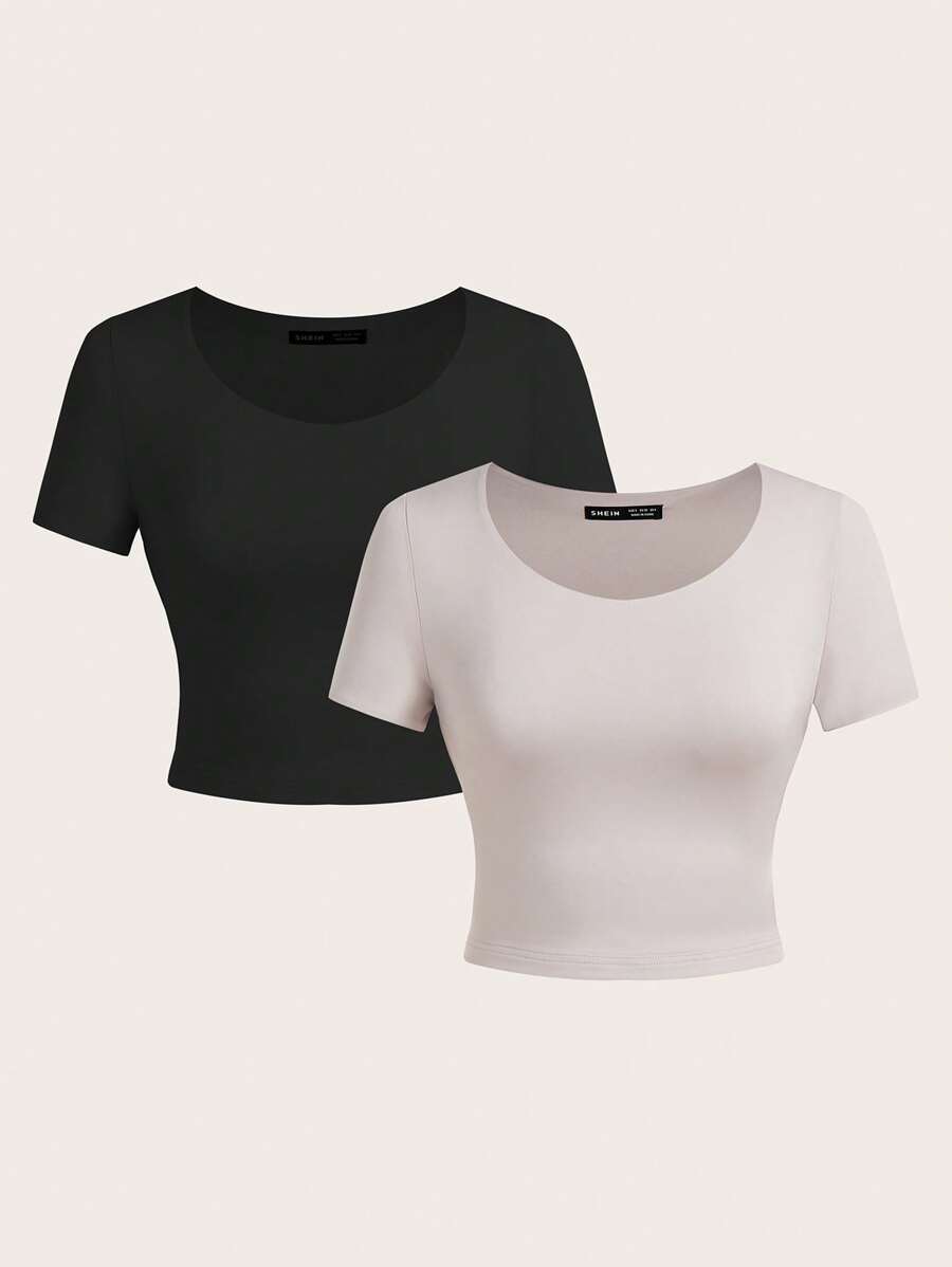 SHEIN BASICS 2pcs/Set Casual Solid Color Knit Round Neck Short Sleeve Fitted Cropped Women T-Shirt - Multicolor - View 1