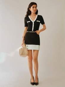 Elenzga Women's Woven Black & White Contrast Metal Button Elegant Office Skirt - Black and White - View 6