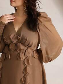 Anewsta Plus Size Women V-Neck Long Sleeve Dress, Featuring 3D Flower Embellishment, Waistband, Luxurious Elegant Party Dress Maxi Women Outfit