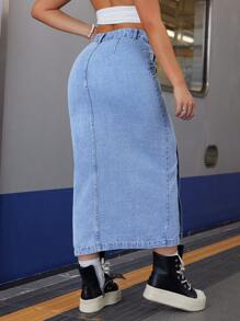 SHEIN Tall Women's Diagonal Placket Washed Denim Maxi Skirt - Light Wash - View 6