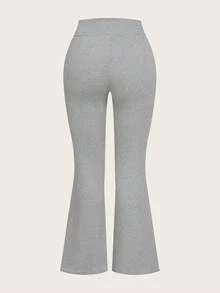 SHEIN EZwear 两件套加大码黑色和灰色腰部交叉设计修身休闲喇叭裤套装 - 彩色 - 查看 9