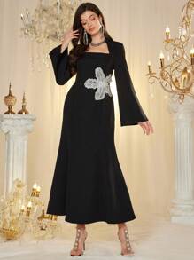 Modelyn 优雅时尚女式重饰花卉连衣裙 - 黑色 - 查看 2