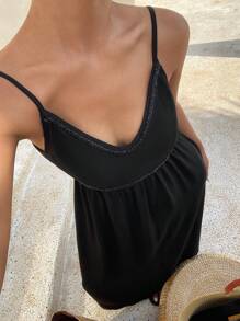 Livesso 女士串珠纯色吊带露背连衣裙，休闲度假风春夏连衣裙 - 黑色 - 查看 6