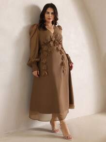 Anewsta Plus Size Women V-Neck Long Sleeve Dress, Featuring 3D Flower Embellishment, Waistband, Luxurious Elegant Party Dress Maxi Women Outfit