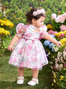 SHEIN Babygirl Lovely Floral Organza Dress, Elegant Summer - Pink - View 4