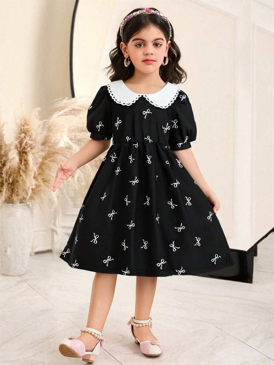 Young Girls Spring Dress With Bow, Floral Print And Color Block Collar & Puff Sleeves Details, Elegant Styles For Summer Young Girl Formal Wear - Black - View 1