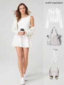 GLOWMODE FeatherFit™-Air Peekaboo Curved One-Shoulder Twisted Backless Dress With Built-In Shorts Low Impact Yoga Daily Removable Cups Spring Summer - White - View 8