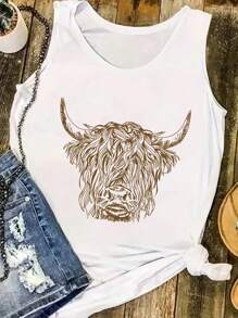 SHEIN Top de tirantes de cuello redondo con estampado de cabeza de toro casual - Blanco - Ver 4