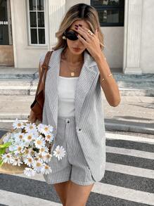 SHEIN Tall CURVE Plus Size 2pcs Women Casual Striped Blazer Collar Shorts With Pockets Suit Set Office Outfits For Women Business Casual Woman Spring Outfits For Women Office Outfits For Women Lounge Sets For Women Plus Size Pant Suit Set Linen Outfits For Women Tall Curve Women Clothes Vest And Pants Set Plus Size Linen Outfits Autumn Winter Clothes For Women - Multicolor - View 7