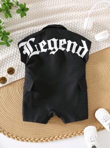 SHEIN 婴儿字母印花针织软领短袖连体衣带短裤，适合男婴和女婴