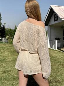 SHEIN EZwear Apricot Casual Knitted Women 2 Pieces Set, Simple Solid Color Long Sleeve Top And Shorts