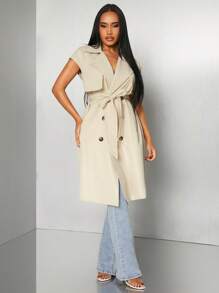 SHEIN SXY Early Spring Elegant Commuting Solid Khaki Double-Breasted Lace-Up Sleeveless Trench Coat
