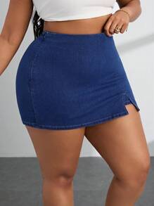 SHEIN SXY Plus Size Women's Casual Versatile Denim Skort With Side Slits - Blue - View 6