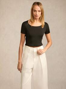 SHEIN BASICS 2pcs/Set Casual Solid Color Knit Round Neck Short Sleeve Fitted Cropped Women T-Shirt - Multicolor - View 3