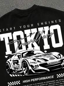 Manfinity EMRG Men's Street Racing Tokyo Drift Slogan Print Loose Fit Oversized Drop Shoulder Black T-Shirt - Black - View 2