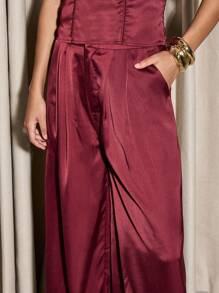 AiiRZ Scoop Satin Tie Shoulder Corset Top And Wide Leg Trouser Set - Red - View 6