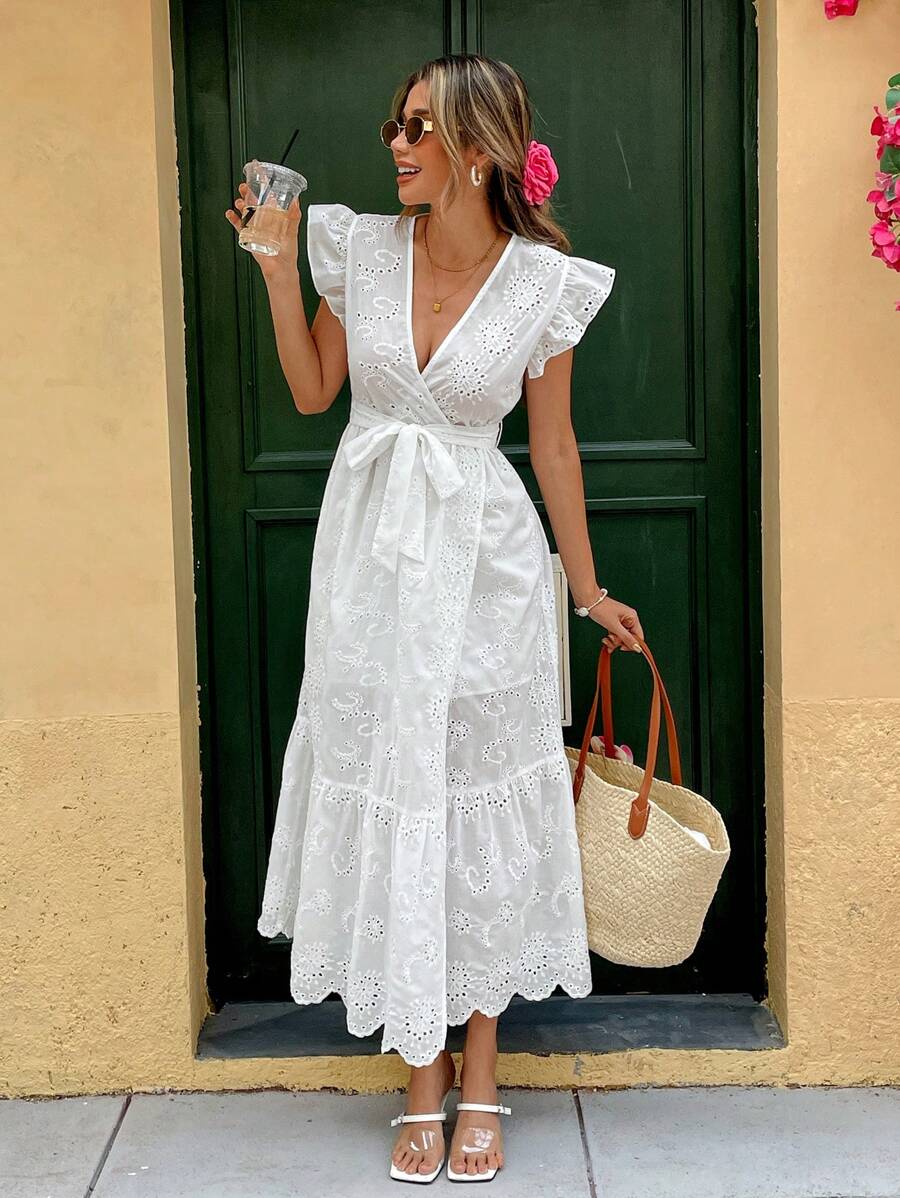 Breezaya Long V-Neck Lace-Up Waist Cut-Out Ruffle Hem Hollow Dress - White - View 1