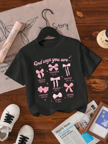 SHEIN Young Girl Casual Stylish Comfortable Simple Letter & Bow Pattern Short Sleeve T-Shirt, Spring/Summer - Black - View 3