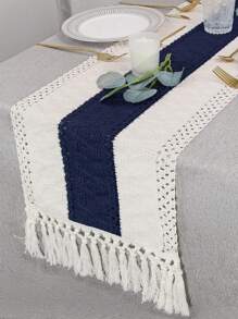 1pc Boho Table Runner Macrame Table Runners For Home Decor ,Cream & Brown Macrame Table Runner With Tassels For Boho Dining Bedroom Decor Rustic Bridal Shower,Farmhouse Rustic Table Runner,Place Mat,Thanksgiving Christmas Home Decor (Multiple Sizes Available) - Navy Blue - View 3