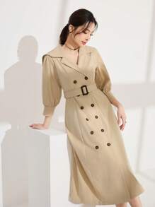 Modelyn Women's Solid Color Front Button Long Sleeve Simple Casual Dress - Beige - View 5