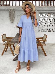 EMERY ROSE Women's Vacation Casual Plaid Cut-Out Neck Long Dress