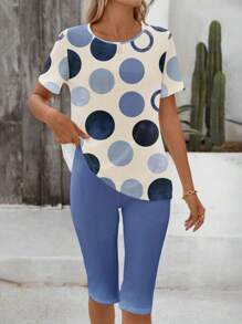 EMERY ROSE 2pcs/Set Women's Casual Minimalist Allover Polka Dot Pattern Outfit, Suitable For Summer - Multicolor - View 4