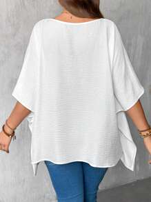 SHEIN LUNE Plus Size Women Casual Floral Pattern Crochet Patchwork Short Sleeve Round Neck Blouse - White - View 2