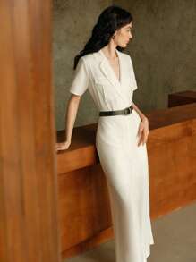 Uhlyne 时尚编织连体裤优雅通勤翻领修身女士长裤连体裤 - 白色 - 查看 1