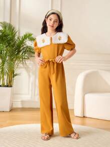 SHEIN Tween Girls Floral Print Tie Waist Romper With Short Puff Sleeves - Yellow - View 6