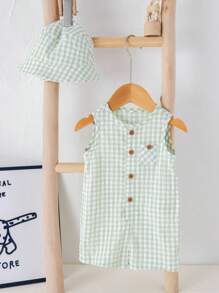 SHEIN 2pcs Newborn Baby Boy Summer Cute Casual Green Plaid Romper With Hat, Suitable For Birthday Party, Evening Party, Performance, Wedding, One Month Celebration, Christening And 1st Birthday, Baby Shower, Wedding Guest, Pageboy, Ring Bearer, Flower Girl - Multicolor - View 8