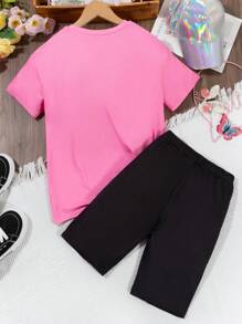 SHEIN 2pcs/Set Girls Casual Streetwear Sunshine Smiling Face Cute Pattern Loose Comfy T-Shirt & Bike Shorts Set - Multicolor - View 2