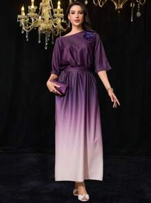 Modelyn Women's Ombre Gradient Oblique Shoulder Short Sleeve Casual Long Dress - Purple - View 6