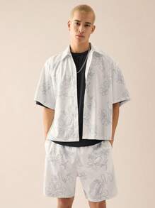 SWAVVY Men Woven Casual Young Daily Loose Short Sleeve Shirt And Elastic Waist Straight Leg Shorts Set, 2pcs - Light Grey - View 3