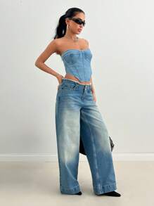 EURMUSE WOMEN WIDE LEG LOW WAIST JEANS BELT DETAIL - Light Wash - View 6