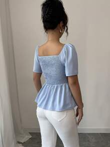 Elenzga Women's Elegant Beaded Detail Puff Sleeve Pleated Ruffle Hem Blouse - Blue - View 2