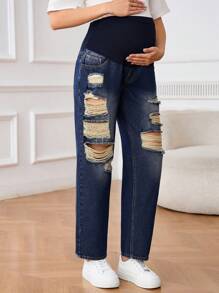 SHEIN Mulheres grávidas simples cor sólida retalhos bolso desgastado jeans casual - Lavagem escura - Ver 3
