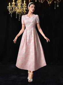 Modelyn Đầm nữ cổ chữ V tay ngắn họa tiết thanh lịch - trái cam - Xem 6