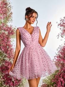 SHEIN Belle Robe élégante, romantique et digne, pour le printemps et l'été, rose pâle, en tulle, avec imprimé motifs coeurs, sans manches, taille froncée, dos nu, taille marquée, ourlet en A, brides croisées dans le dos, robe de graduation, de mariage, de concert, de vacances, d'été mignonne, de bal de promo, d'invitée de mariage, de soirée - Rose bonbon - Voir 7