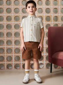 年轻男孩休闲条纹短袖衬衫，乡村风格 - 米色 - 查看 3