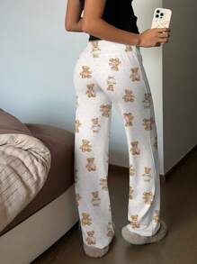 SHEIN EZwear Teddy Bear Applique Drawstring Waist Wide Leg Yoga Pants, Suitable For Summer Suitable For Going Out Fall Clothes Winter Clothes - Multicolor - View 2