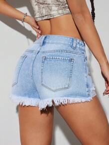SHEIN Tall Frayed Distressed Washed Women's Denim Shorts - Light Wash - View 2