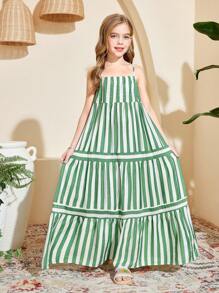 SHEIN Leap Crew Váy yếm in họa tiết sọc rộng rãi cho bé gái tuổi teen, đi nghỉ - màu xanh lá - Xem 6