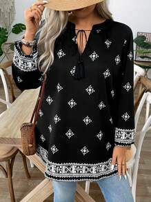 SHEIN LUNE Women's V-Neck Tie Lantern Sleeve Long Sleeve Fashionable Printed Versatile Plus Size Blouse