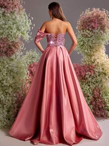 Glamrae 优雅粉色亮面缎面拼接，立体华丽亮片筒形立体垂坠袖A字裙，高侧开衩，后背可调节松紧带，婚礼宾客礼服，适合约会、度假、毕业返校季、婚礼活动、派对、晚宴礼服、派对礼服、正式礼服、晚礼服、长袍