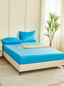 1pc Solid Color Blue Fitted Sheet, Mattress Protector, Mattress Cover For Bed, Bed Sheet, Soft And Breathable, For All Size Bed -Twin, Full, King, Queen Size Sheet Deep Pocket Up To 11.8 Inch Home Textile - Blue - View 4