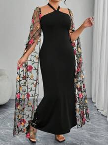 Modelyn Elegant Knit Contrast Mesh Embroidery Extra Long Sleeve Fitted Dress, Plus Size, Spring & Summer - Multicolor - View 4